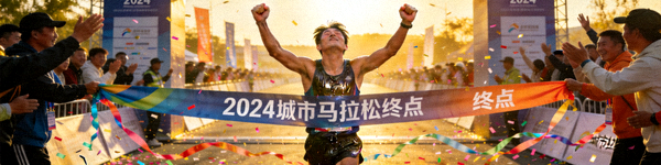 马拉松跑者冲过终点线后激动庆祝的成功瞬间