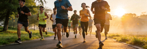 一群跑者在公园绿道上集体晨跑的场景